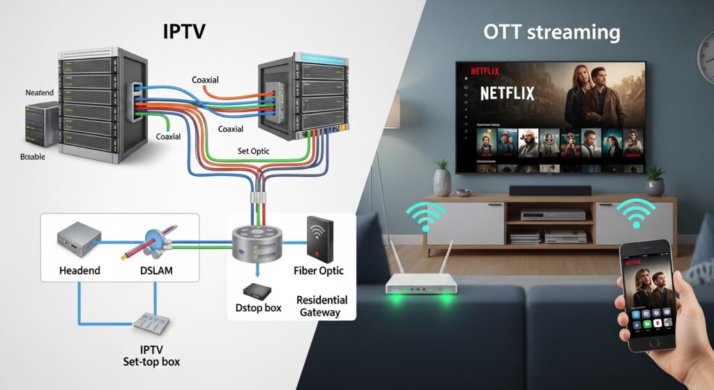 Visueel verschil tussen ip televisie en OTT streaming in overzichtelijke infographic.